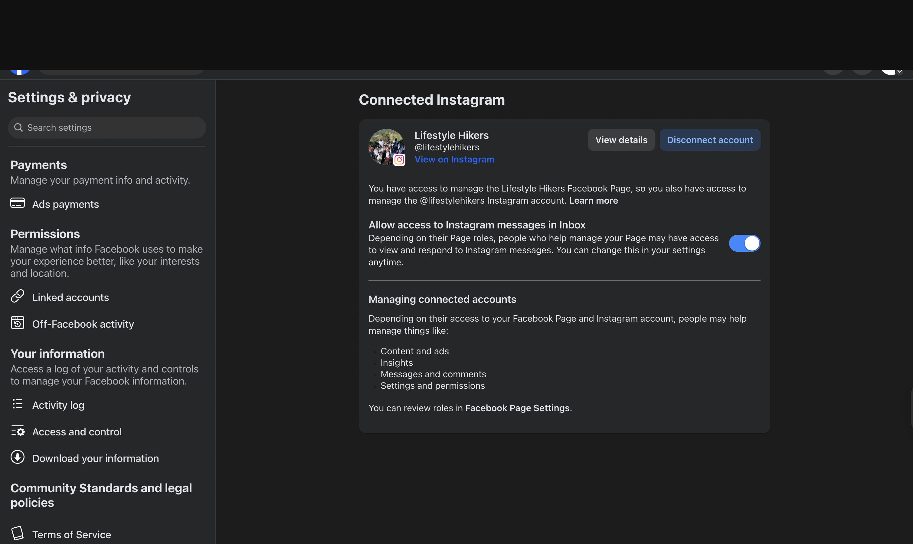Connected Instagram account inside Meta settings