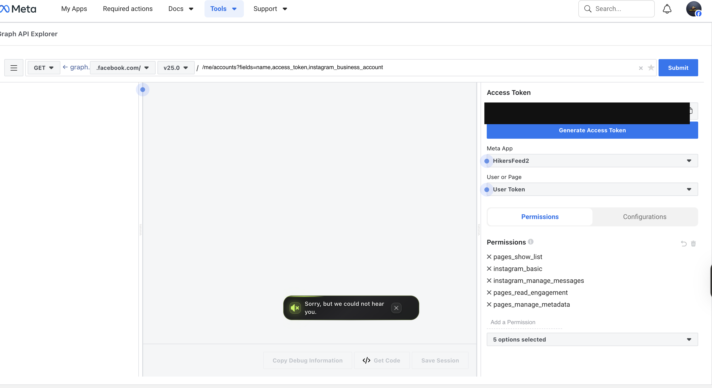 Meta Graph API Explorer permissions for Instagram messaging