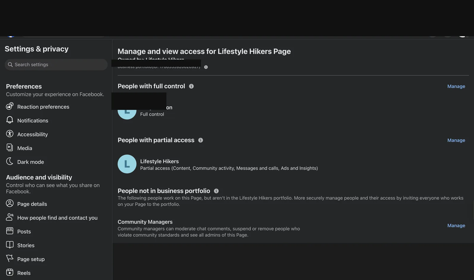 Facebook Page access showing full control